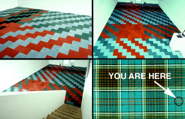 Installation details (left, top and bottom; top right), and (bottom right) the ‘You Are Here’ note and arrow point to a viewer’s position in the ‘Anderson’ plaid geometry.